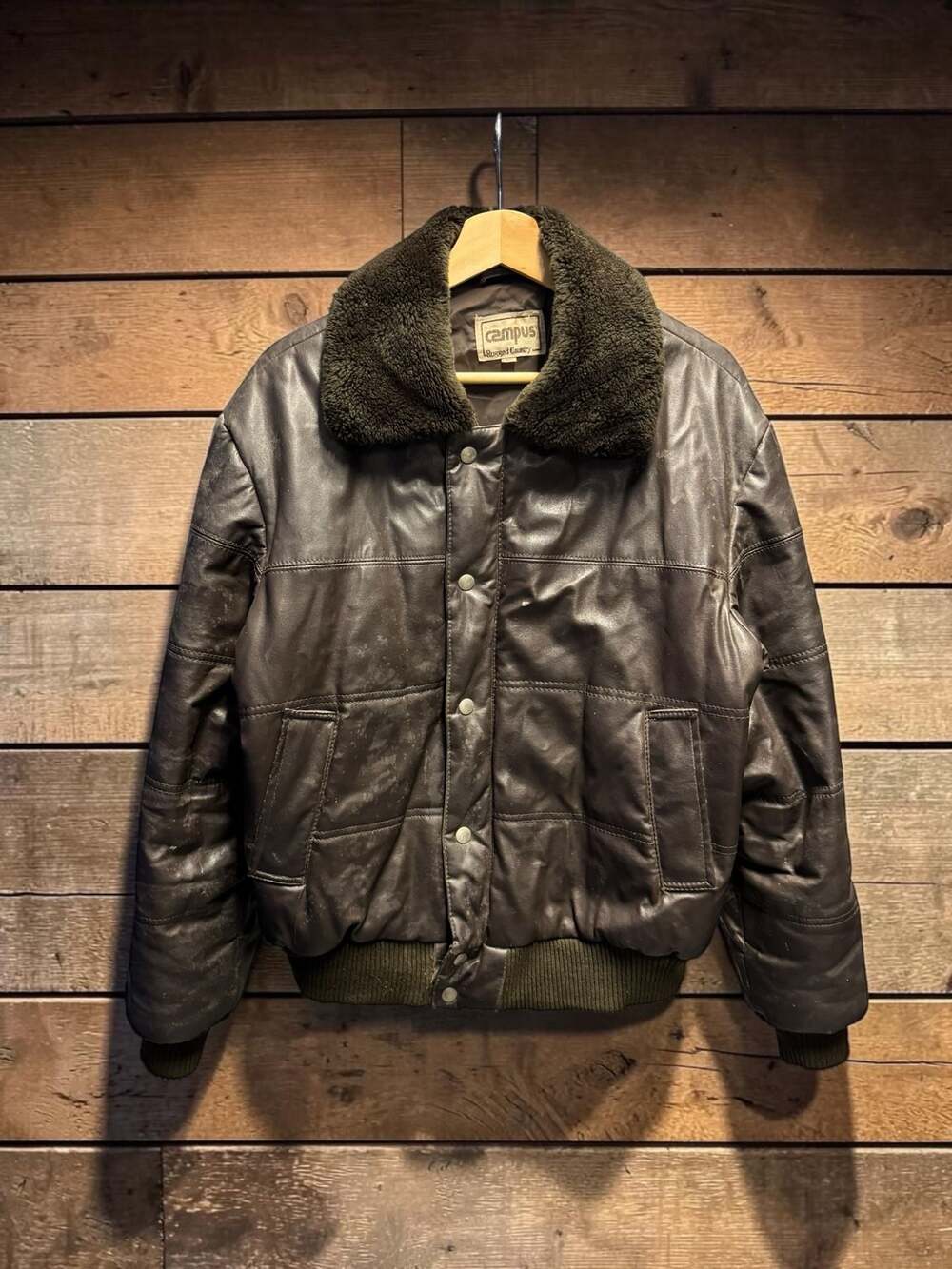 Vintage Campus Rugged Country Brown Leather Bomber Jacket with Faux Fur Collar